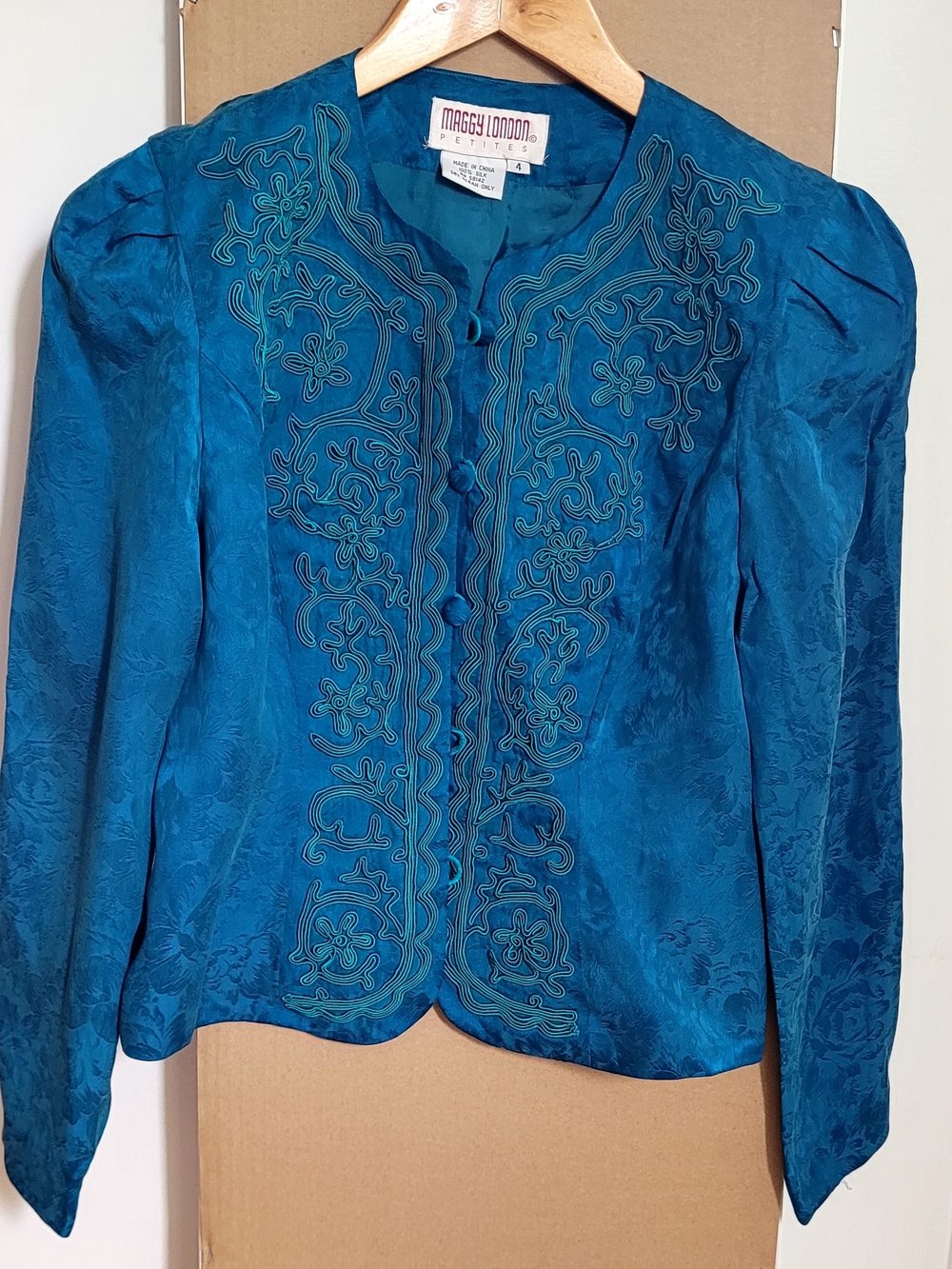 Maggy London Teal Embroidered Satin Jacket